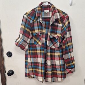 Plaid Button-Up Shirt in Red, Blue, Yellow, Cream